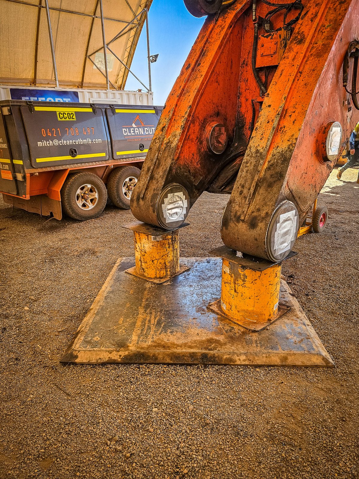 Excavator stick end pin bores ready for line boring